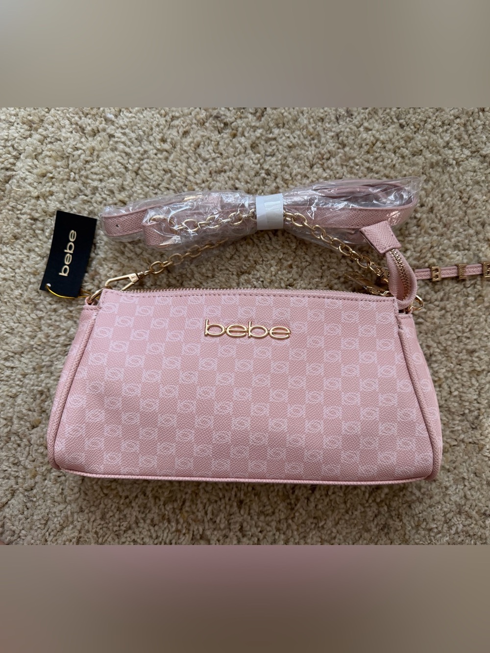 bebe Light Pink Logo Chain Crossbody Bag